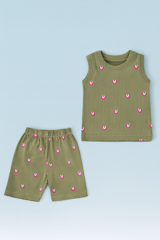 Baby Hug | Unisex Sleeveless T-shirt and Shorts | Premium Quality | Olive Green