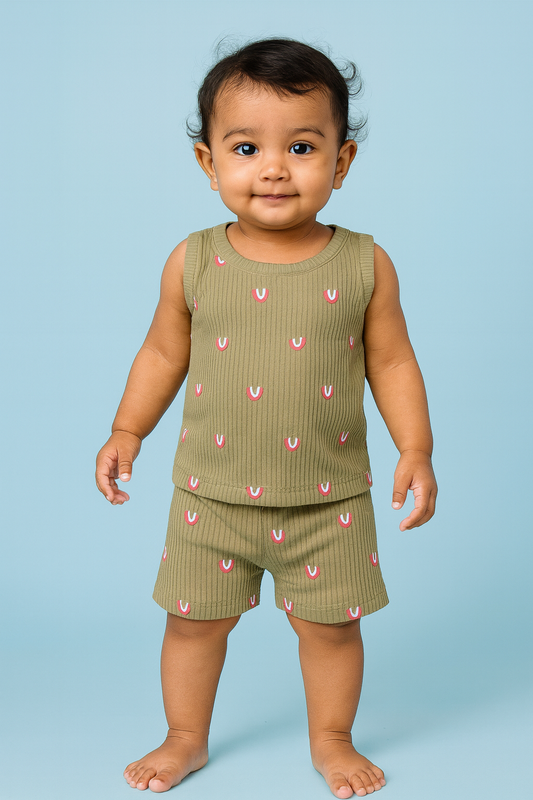 Baby Hug | Unisex Sleeveless T-shirt and Shorts | Premium Quality | Olive Green