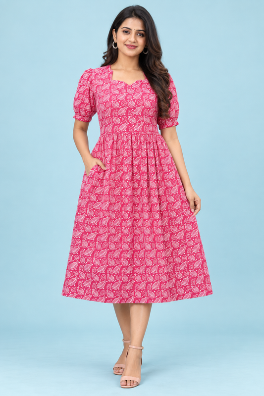 Zip Feeding Frock | Dual side Feeding Zipper | Cotton fabric | Leaf Print Pink