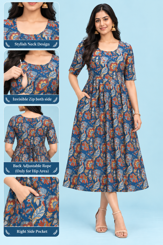 Zip Feeding Frock | Dual side Feeding Zipper | Cotton fabric | Floral Print Blue