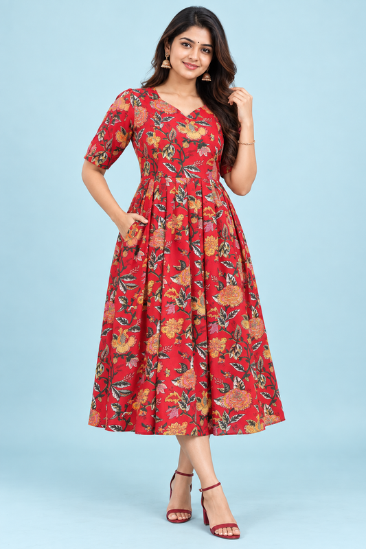 Zip Feeding Frock | Dual side Feeding Zipper | Cotton fabric | Floral Print Red