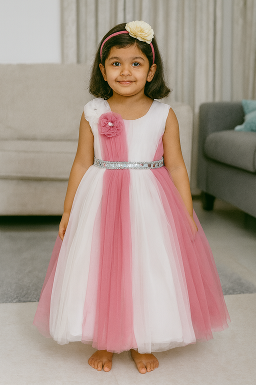 Fancy Soft Net Frock | White & Pink