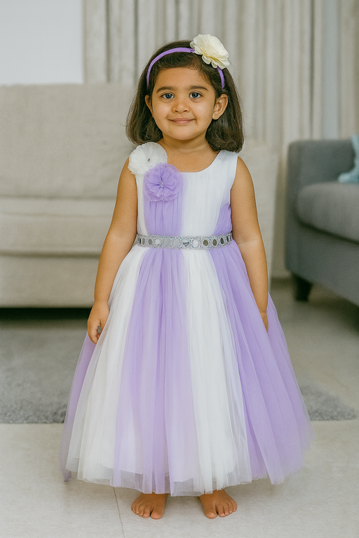 Fancy Soft Net Frock | White & Lavender