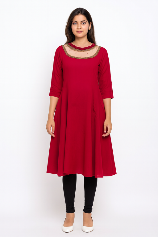 Jewell Neck Designer Kurti Top | Red