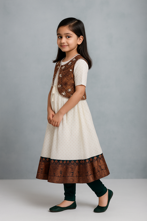 Coat Model shalwar - 3 piece set with Sleeve | White & Green