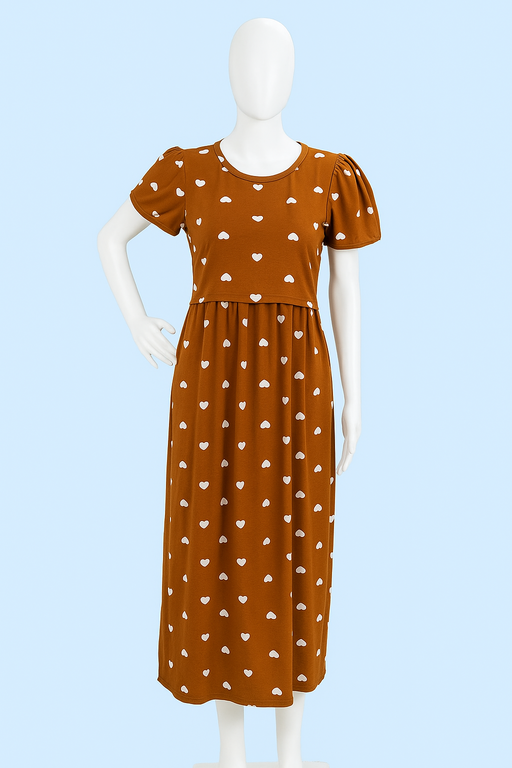 Zipless Feeding Maxi | Puff sleeve | Floral Print | Brown