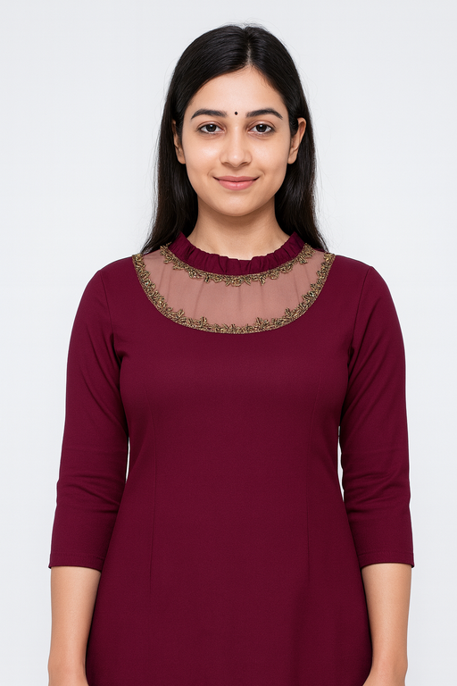 Jewell Neck Designer Kurti Top | Wine color