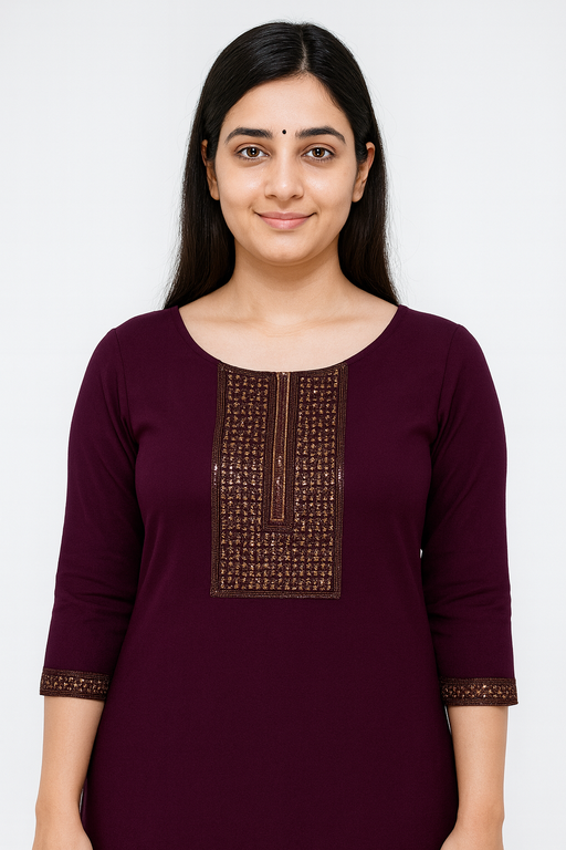 Elegant Copper Jari Kurti Top | Dark Violet