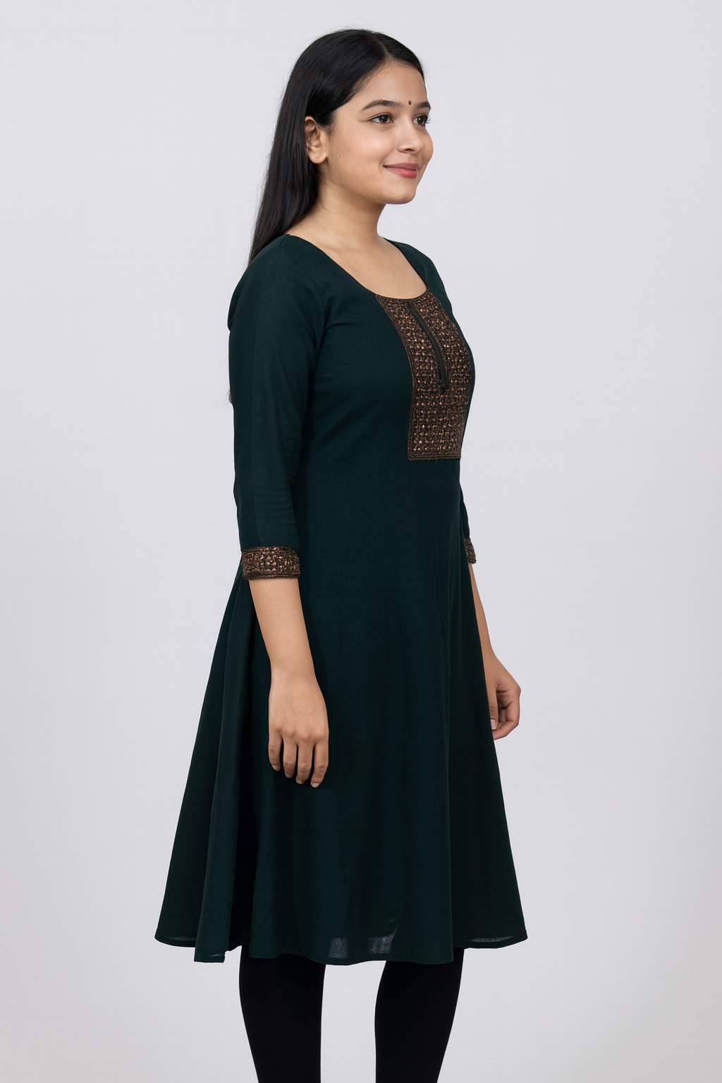 Elegant Copper Jari Kurti Top |  Bottle Green