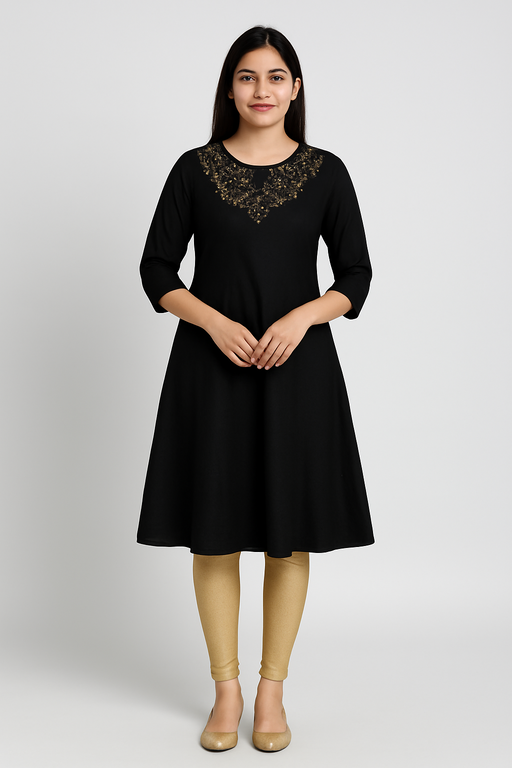 Jewell Neck Designer Kurti Top | Black