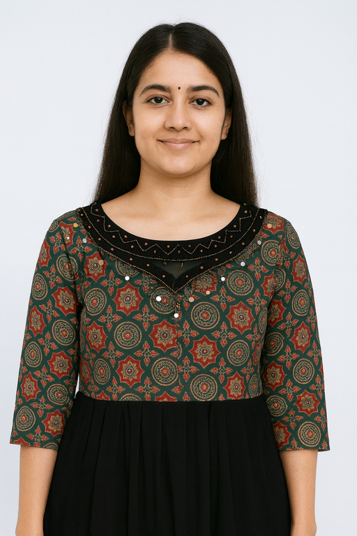 Dual Tone Jewelle neck Kurti Top | Black & Green