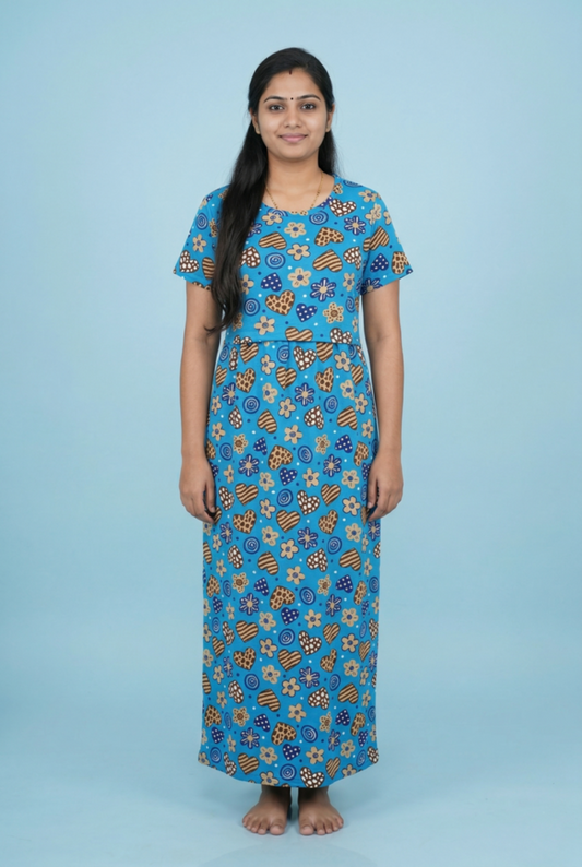 Zipless Feeding Maxi | Normal sleeve | Heart & Flower Print | Sky blue