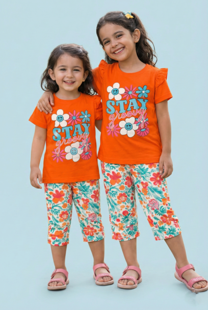 Story Kids| Girls Capri Set| Frill Sleeve | Orange