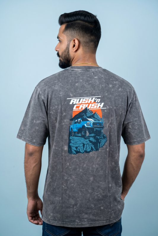 Round Neck - Drop shoulder | Acid Washed | Cars Print