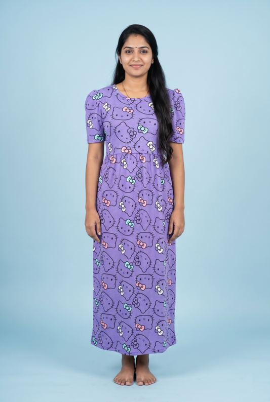 Zipless Feeding Maxi | Puff sleeve | Kitty Print | Violet