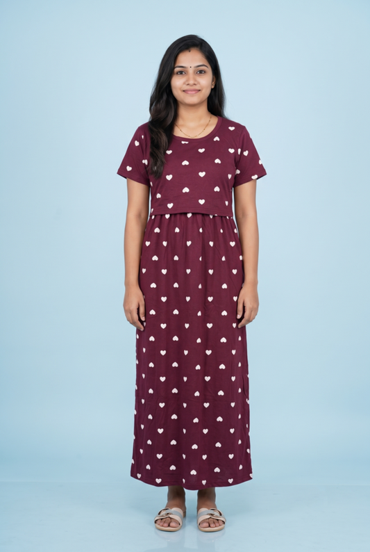 Zipless Feeding Maxi | Normal sleeve | Small Heart Print | Marron