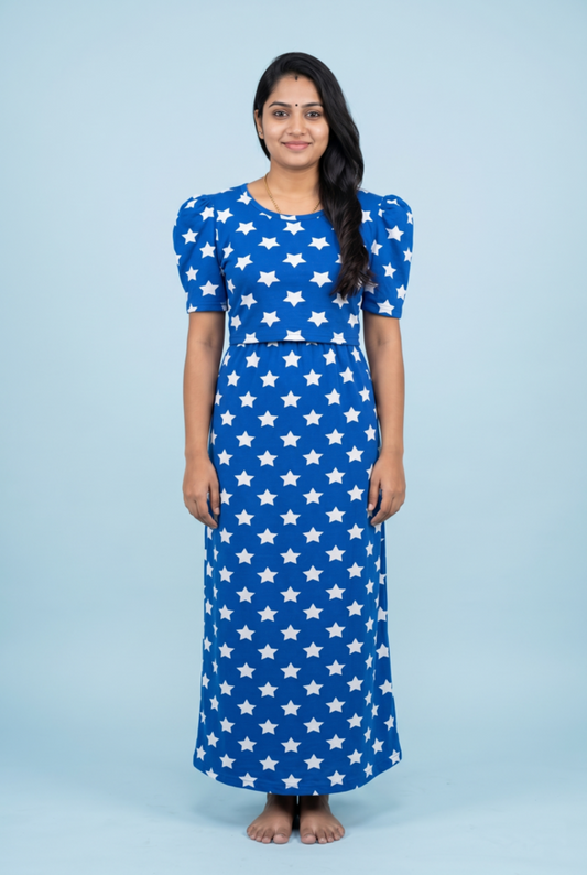 Feeding Maxi | Puff sleeve | Star Print | Royal Blue