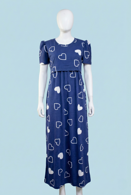 Zipless Feeding Maxi | Puff sleeve | Big Heart Print | Blue