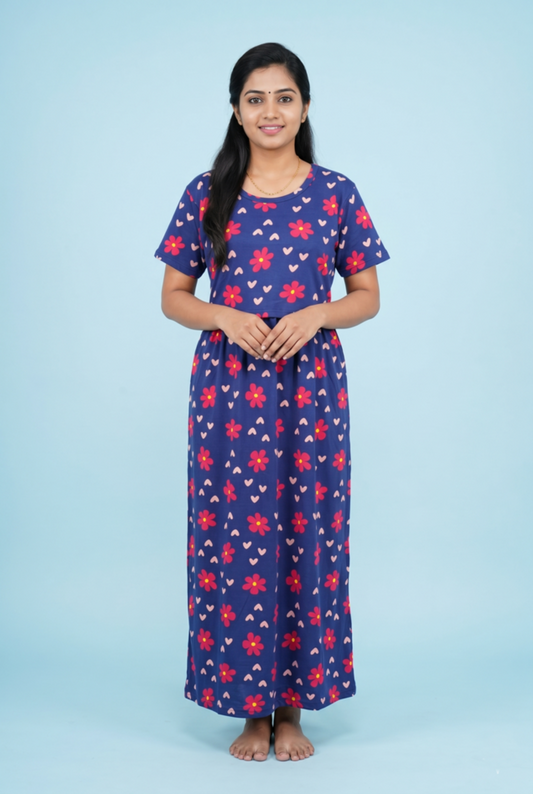 Zipless Feeding Maxi | Normal sleeve | Flower Print | Navy Blue