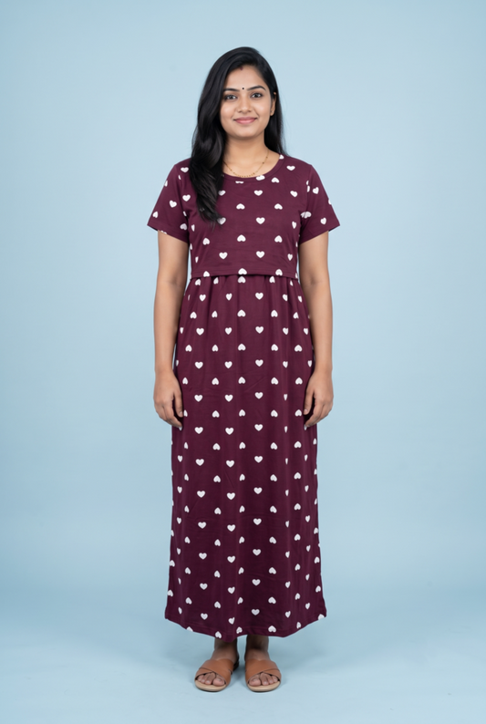 Zipless Feeding Maxi | Normal sleeve | Small heart Print | Marron