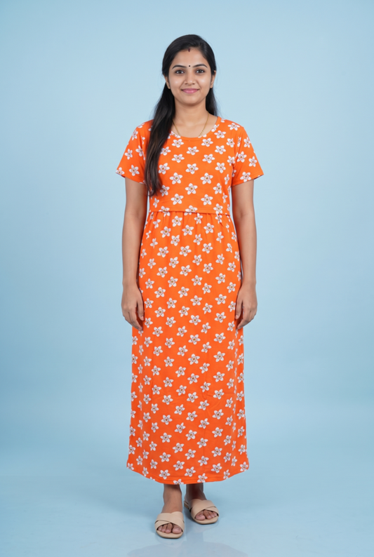 Zipless Feeding Maxi | Normal sleeve | Flower Print | Orange