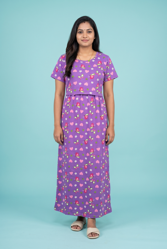 Zipless Feeding Maxi | Normal sleeve | Heart & Butterfly Print | Lavender