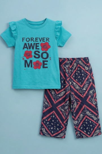 Story Kids| Girls Capri Set| Frill Sleeve | Blue