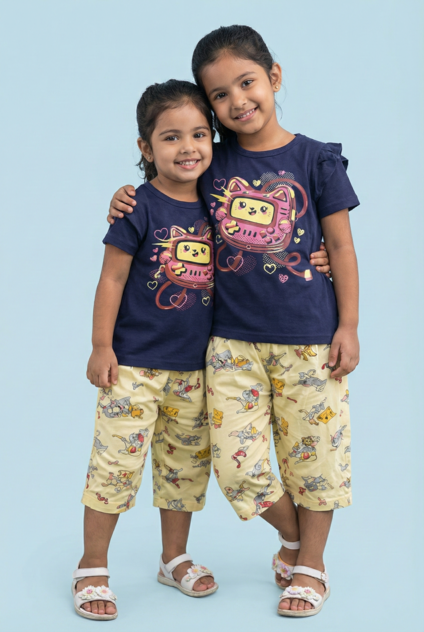 Story Kids| Girls Capri Set| Frill Sleeve | Navy Blue