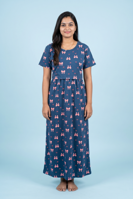 Zipless Feeding Maxi | Normal sleeve | Bow Print | Dark Blue