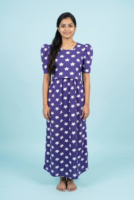 Zipless Feeding Maxi | Puff sleeve | Star Print | Violet