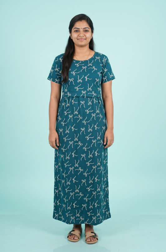 Zipless Feeding Maxi | Normal sleeve | Thread Bow Print | Peacock Green