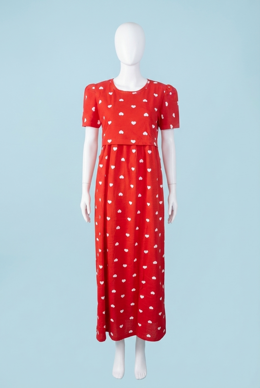 Zipless Feeding Maxi | Puff sleeve | Small Heart Print | Red