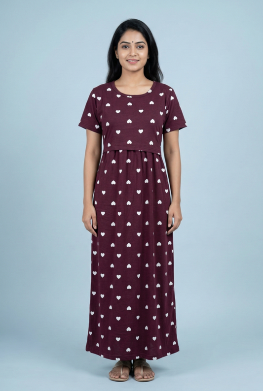 Zipless Feeding Maxi | Normal sleeve | Small Heart Print| Marron
