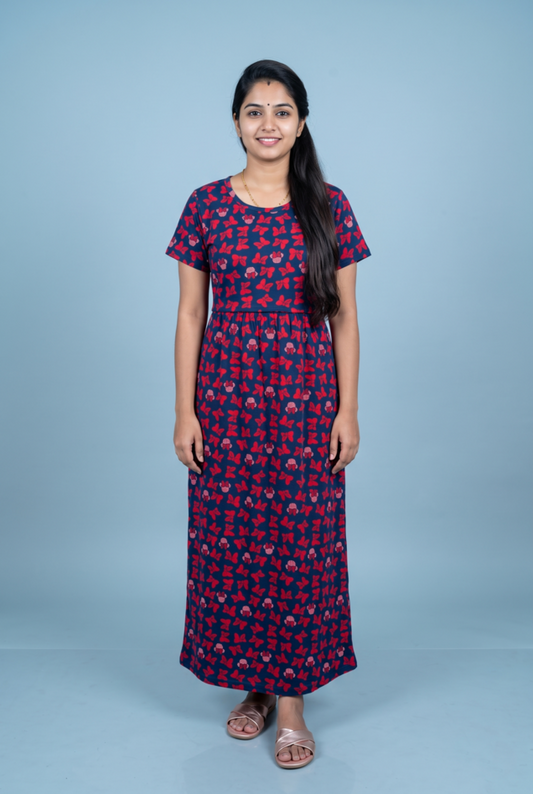 Zipless Feeding Maxi | Normal sleeve | Bow Print | Red & Navy Blue
