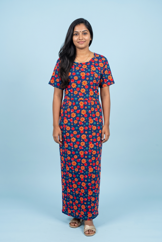 Zipless Feeding Maxi | Normal sleeve | Flower Print | Navy Blue