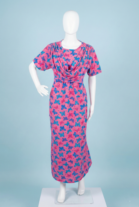 Zipless Shawl Type Feeding Maxi | Normal sleeve | Big Flower Print | Pink