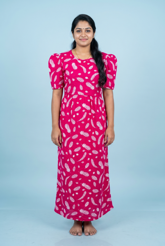 Feeding Maxi | Puff sleeve | Feather Print | Pink
