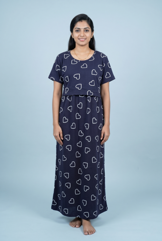 Zipless Feeding Maxi | Normal sleeve | Heart Print | Navy Blue