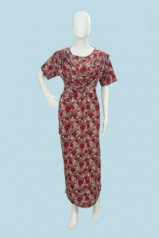 Zipless Shawl Type Feeding Maxi | Normal sleeve | Flower Print | Brown