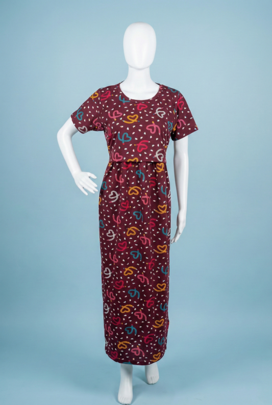 Zipless Feeding Maxi | Normal sleeve | Heart print | Maroon