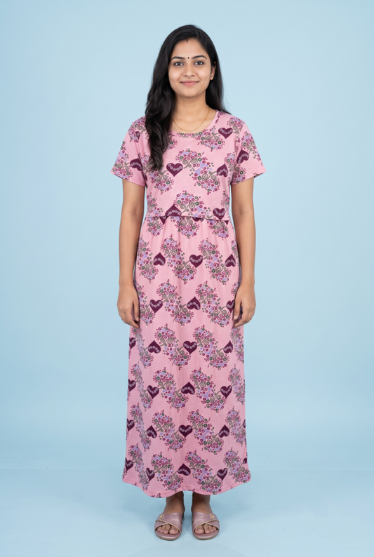 Zipless Feeding Maxi | Normal sleeve | Heart & Flower Print | Baby Pink