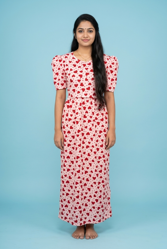 Feeding Maxi | Puff sleeve | Heart Print | Red
