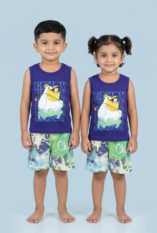 Story Kids | Unisex Sleeveless T-shirt and Shorts | Premium Quality | Blue Duck