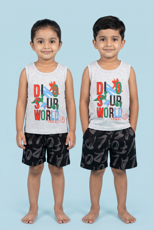 Story Kids | Unisex Sleeveless T-shirt and Shorts | Premium Quality | Ash (Dino)