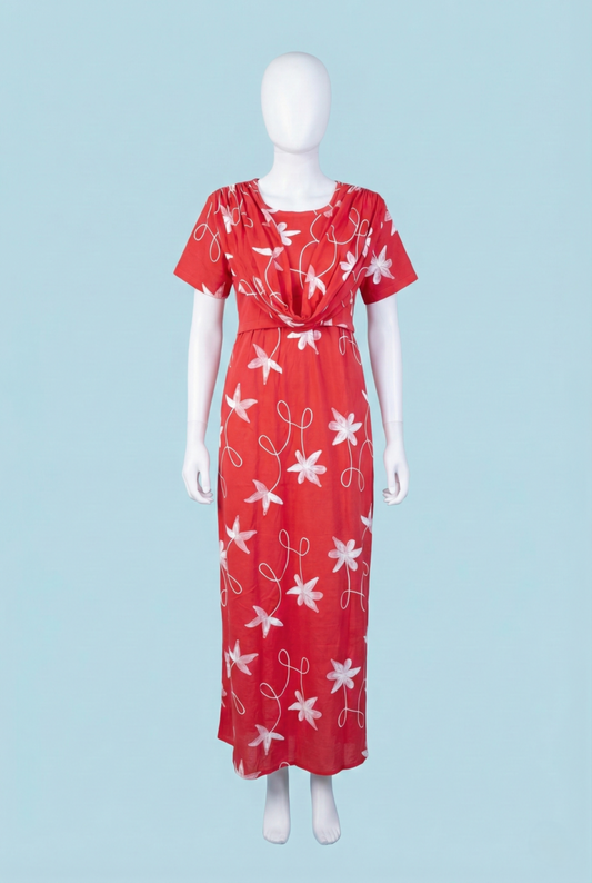 Zipless Shawl Type Feeding Maxi | Normal sleeve | Floral Print | Red