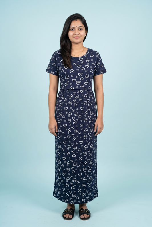 Zipless Feeding Maxi | Normal sleeve | Heart Print | Navy Blue
