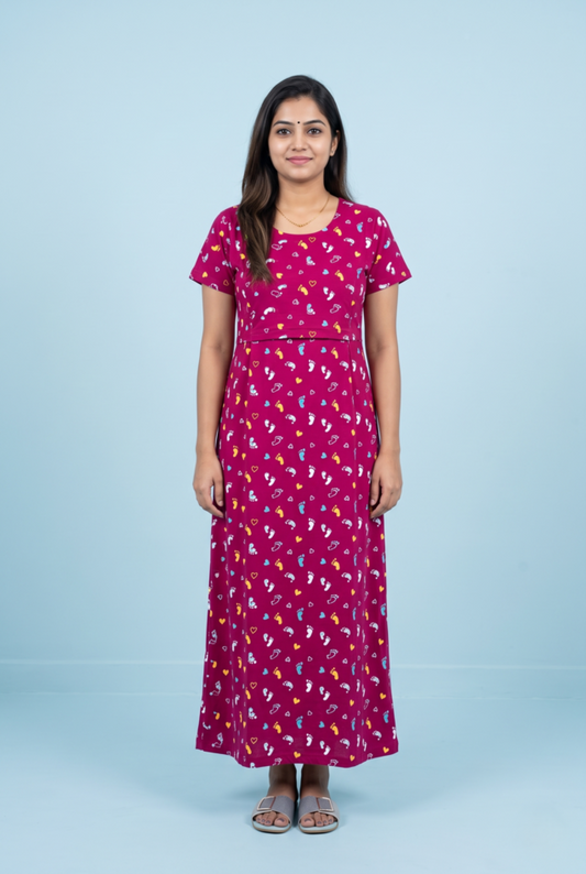 Zipless Feeding Maxi | Normal sleeve | Baby foot Print | Pink