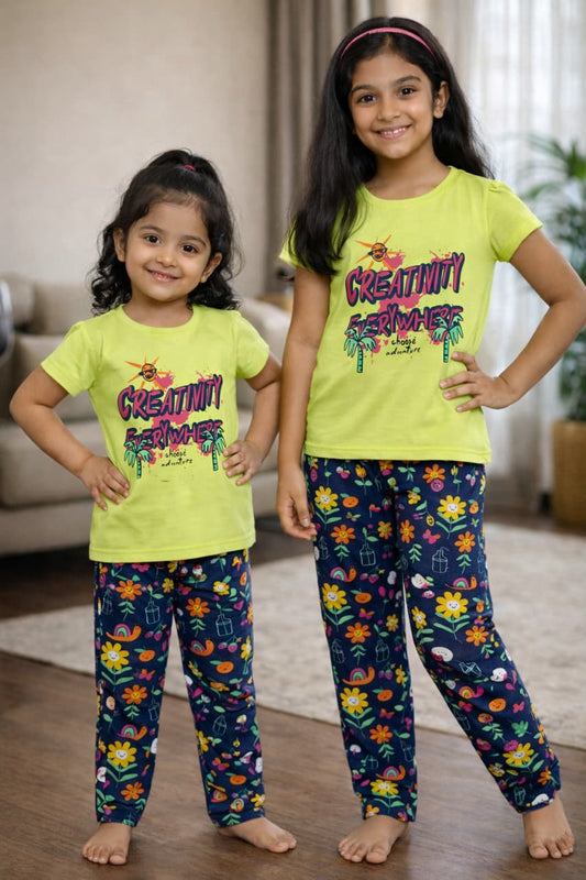 Story Kids | Girls T-shirt & Pant Set | Premium Quality | Lime Yellow