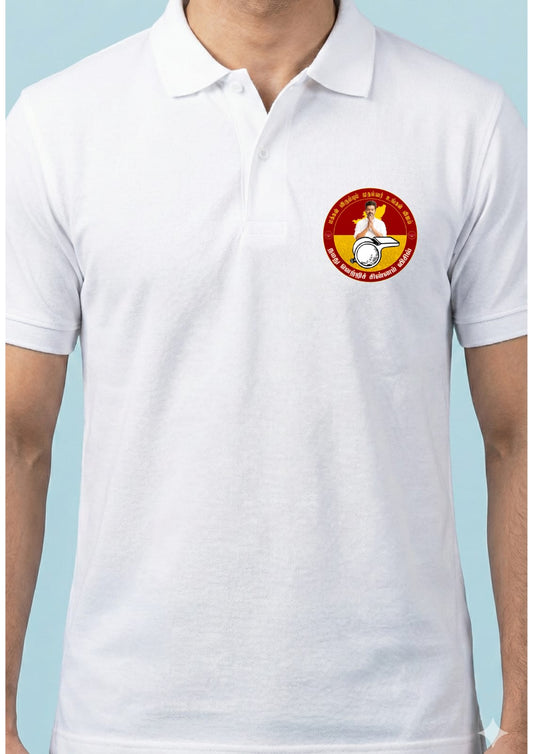 TVK Vijay | White Polo T-shirt | Premium Quality | Full Back & Front chest print