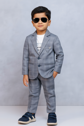 Ash Grey Checked | Trending Full Blazer set | T-shirt, Blazer & Pant